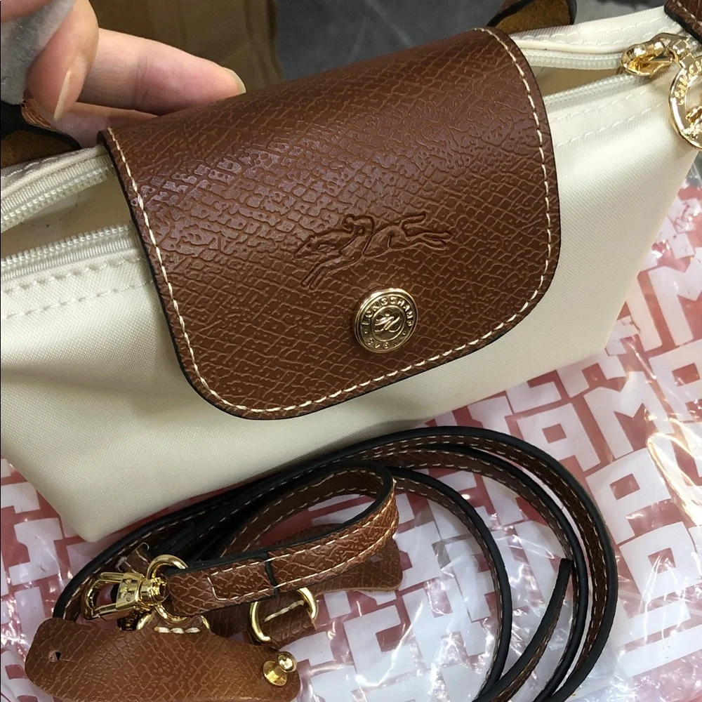 Longchamp Cream and Brown Small Top-Handle Cosmetic Pouch